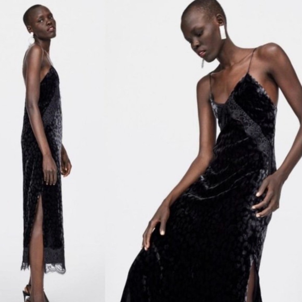 Zara TRF Dress Black Crushed Velvet Strappy Lace Trim Side Splits Size M EUC